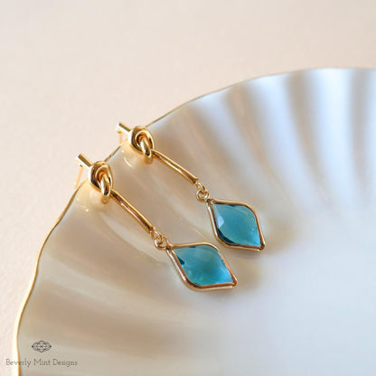 Blue Crystal Knot Drop Earrings , Gold Minimalist Dangle Earrings , Unique Handmade Jewelry for Women, Sensitive Ear & Clip-On Options