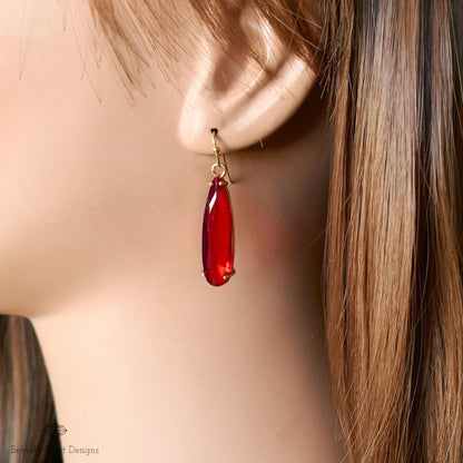 Red Drop Earrings ,Faceted Red Stone Earrings, Gold Dangle Earrings for Special Occasions, Sensitive Ear & Clip-On Options