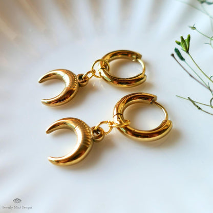 Gold Crescent Moon Hoop Earrings , Celestial Boho Earrings, Lunar Dangle Hoops, Witchy Gold Jewelry