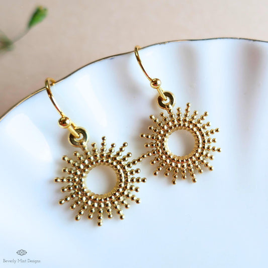 Gold Sunburst Earrings, Dainty Drop Earrings, Celestial Jewelry for Women, Minimal Boho Earrings, Sensitive Ear & Clip-On Options