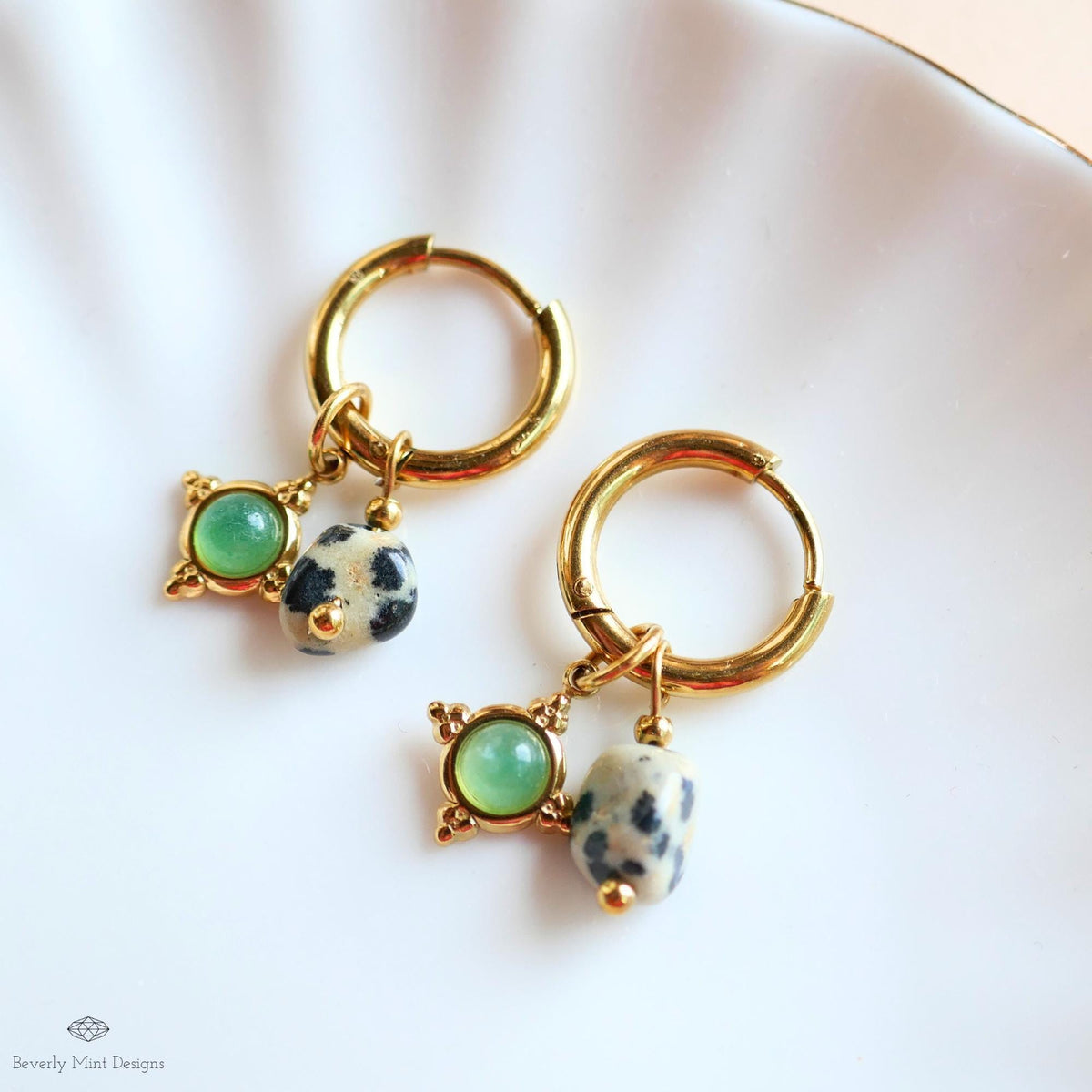 Dalmatian Jasper and Green Charm Hoops, Zebra Rock Jewelry, Gold Huggie Earrings, Dainty Drop Jewelry