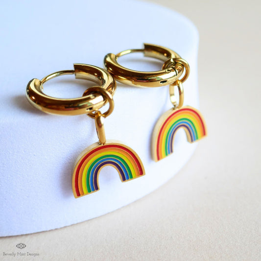 Rainbow Huggie Hoop Earrings, Gold Hoop Earrings with Enamel Rainbow Charms, Pride Jewelry, LGBTQ Earrings, Colorful Dangle Hoops , Gift f