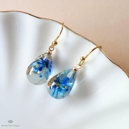 Blue Flower Resin Earrings Teardrop Dangle Blue Earrings Dry Flower Gold Hoop Botanical Jewelry Handmade, Sensitive Ear & Clip-On Options