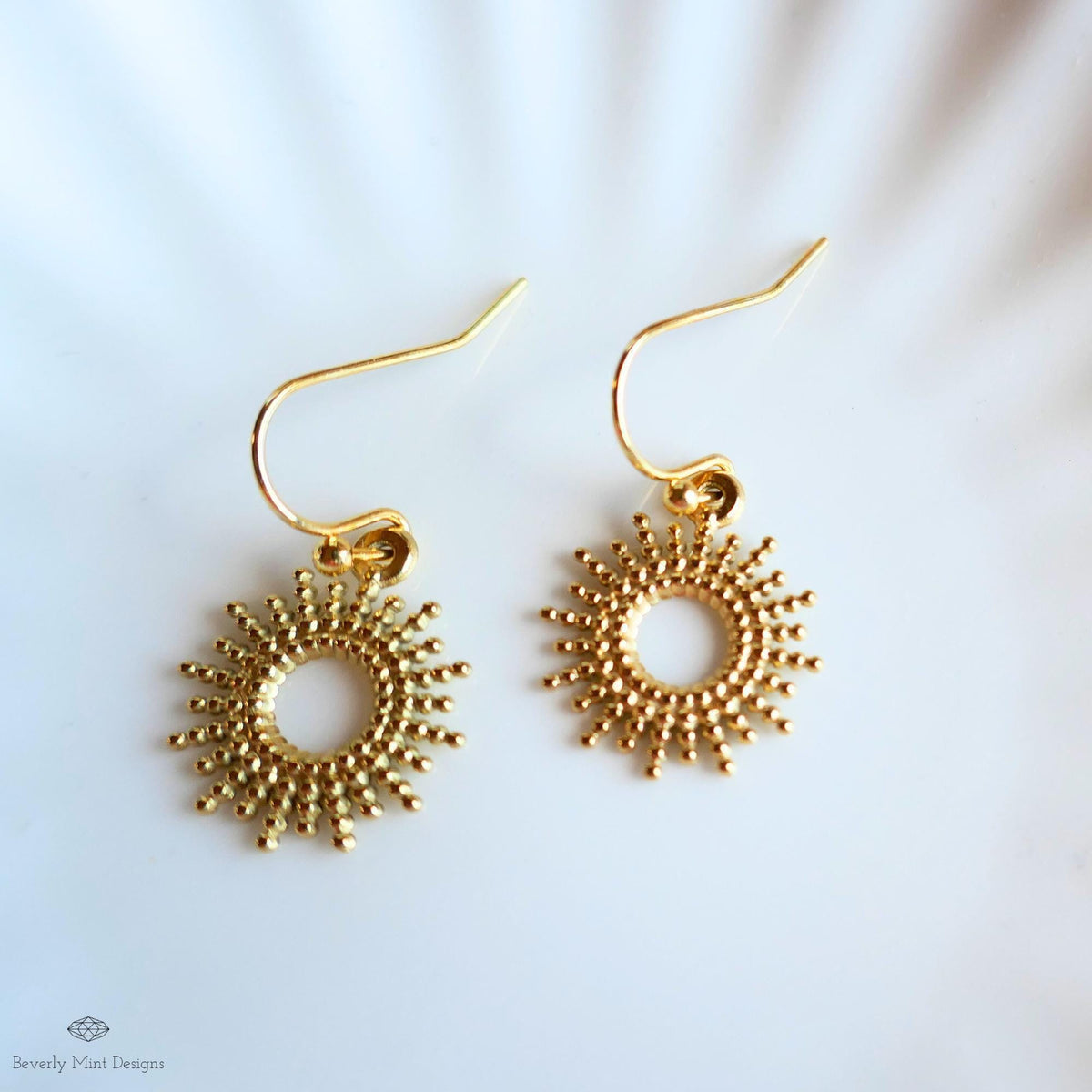 Gold Sunburst Earrings, Dainty Drop Earrings, Celestial Jewelry for Women, Minimal Boho Earrings, Sensitive Ear & Clip-On Options