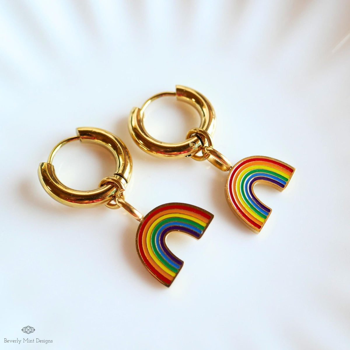 Rainbow Huggie Hoop Earrings, Gold Hoop Earrings with Enamel Rainbow Charms, Pride Jewelry, LGBTQ Earrings, Colorful Dangle Hoops , Gift f