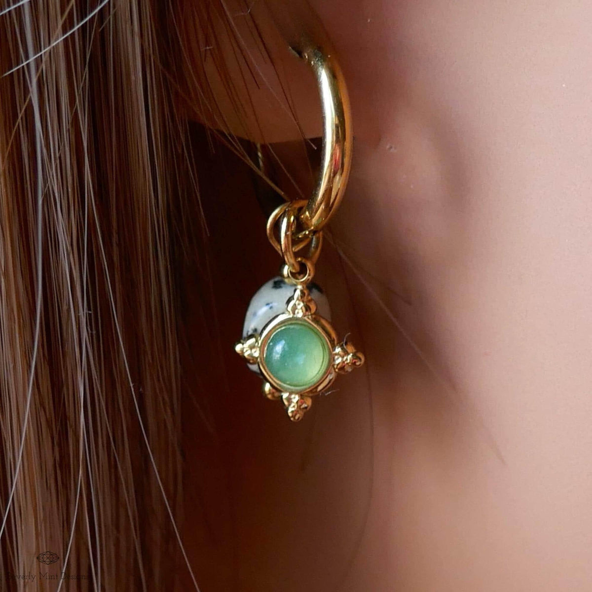 Dalmatian Jasper and Green Charm Hoops, Zebra Rock Jewelry, Gold Huggie Earrings, Dainty Drop Jewelry