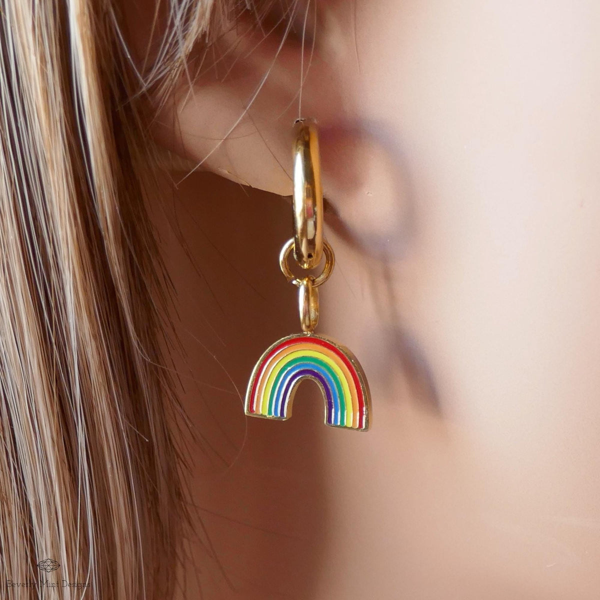 Rainbow Huggie Hoop Earrings, Gold Hoop Earrings with Enamel Rainbow Charms, Pride Jewelry, LGBTQ Earrings, Colorful Dangle Hoops , Gift f