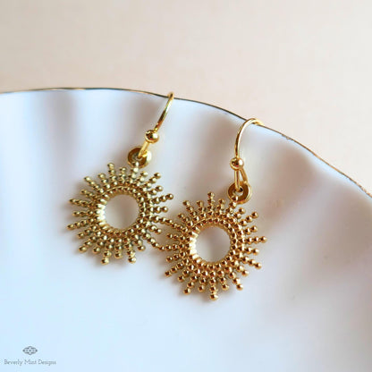 Gold Sunburst Earrings, Dainty Drop Earrings, Celestial Jewelry for Women, Minimal Boho Earrings, Sensitive Ear & Clip-On Options