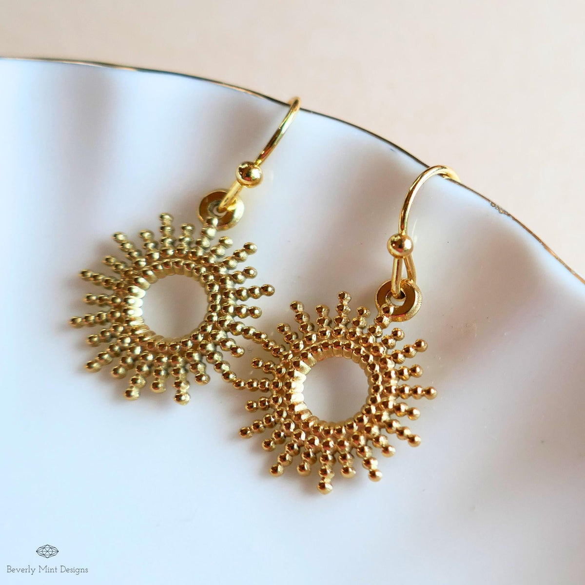 Gold Sunburst Earrings, Dainty Drop Earrings, Celestial Jewelry for Women, Minimal Boho Earrings, Sensitive Ear & Clip-On Options