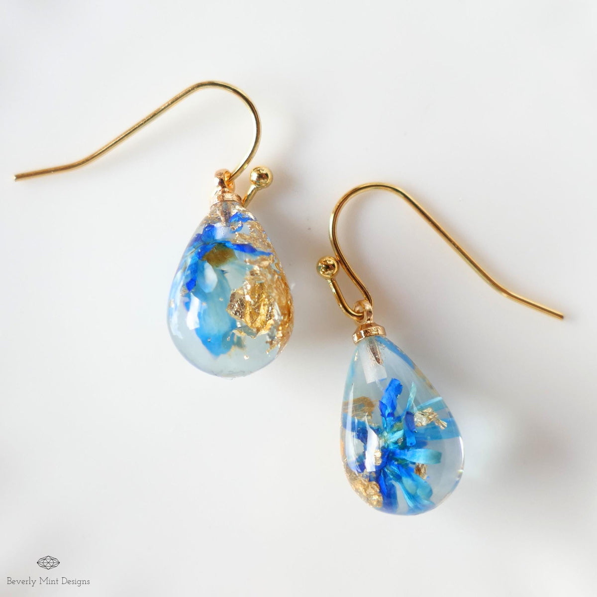Blue Flower Resin Earrings Teardrop Dangle Blue Earrings Dry Flower Gold Hoop Botanical Jewelry Handmade, Sensitive Ear & Clip-On Options