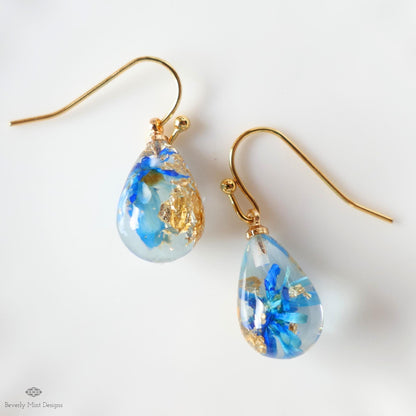 Blue Flower Resin Earrings Teardrop Dangle Blue Earrings Dry Flower Gold Hoop Botanical Jewelry Handmade, Sensitive Ear & Clip-On Options