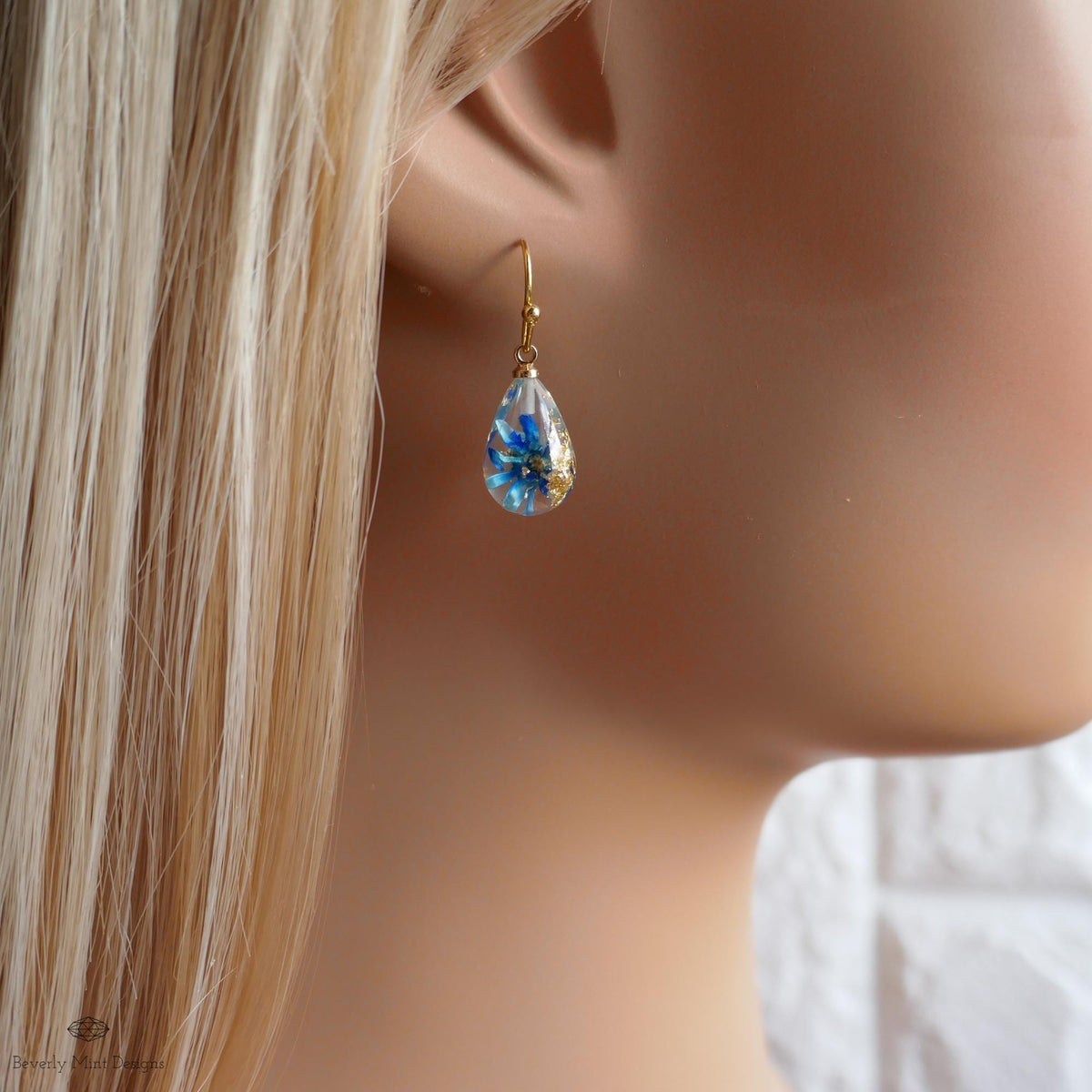 Blue Flower Resin Earrings Teardrop Dangle Blue Earrings Dry Flower Gold Hoop Botanical Jewelry Handmade, Sensitive Ear & Clip-On Options