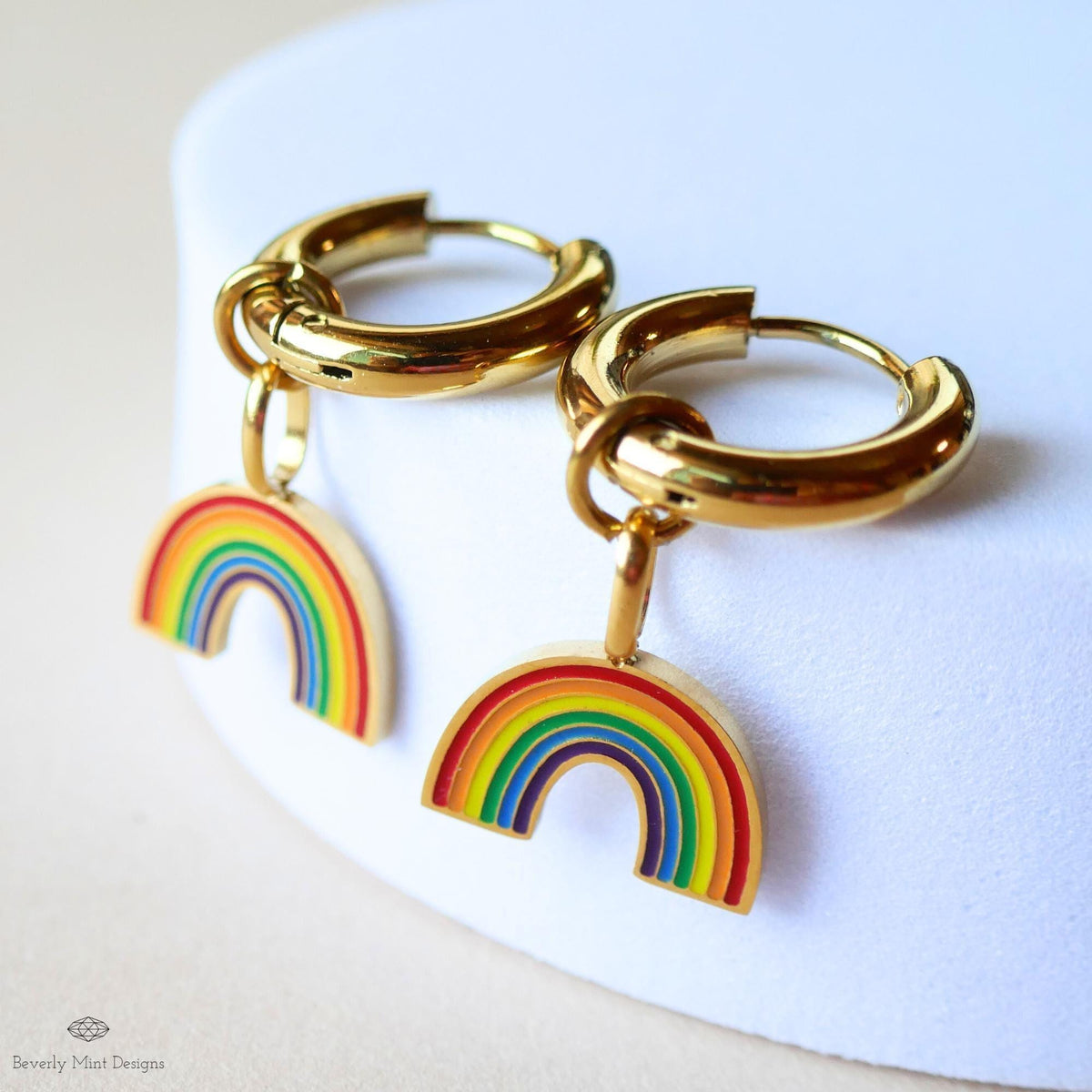 Rainbow Huggie Hoop Earrings, Gold Hoop Earrings with Enamel Rainbow Charms, Pride Jewelry, LGBTQ Earrings, Colorful Dangle Hoops , Gift f