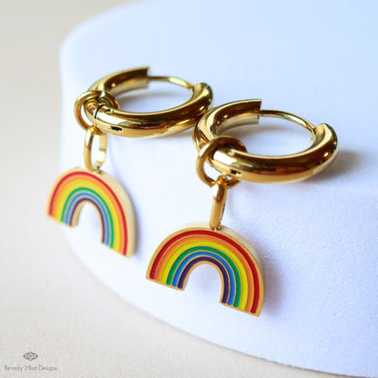 Rainbow Huggie Hoop Earrings, Gold Hoop Earrings with Enamel Rainbow Charms, Pride Jewelry, LGBTQ Earrings, Colorful Dangle Hoops , Gift f
