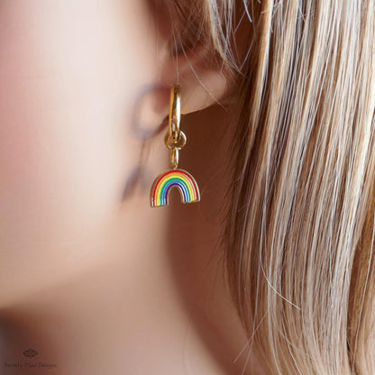 Rainbow Huggie Hoop Earrings, Gold Hoop Earrings with Enamel Rainbow Charms, Pride Jewelry, LGBTQ Earrings, Colorful Dangle Hoops , Gift f