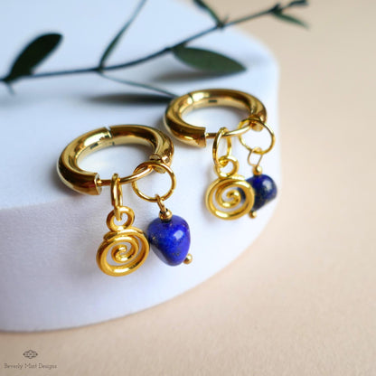 Lapis Lazuli Earrings, Gold Spiral Hoop Earrings, Dainty Gemstone Hoops, Symbolic Jewelry for Her, Celestial Boho Earrings, Unique Gift Idea