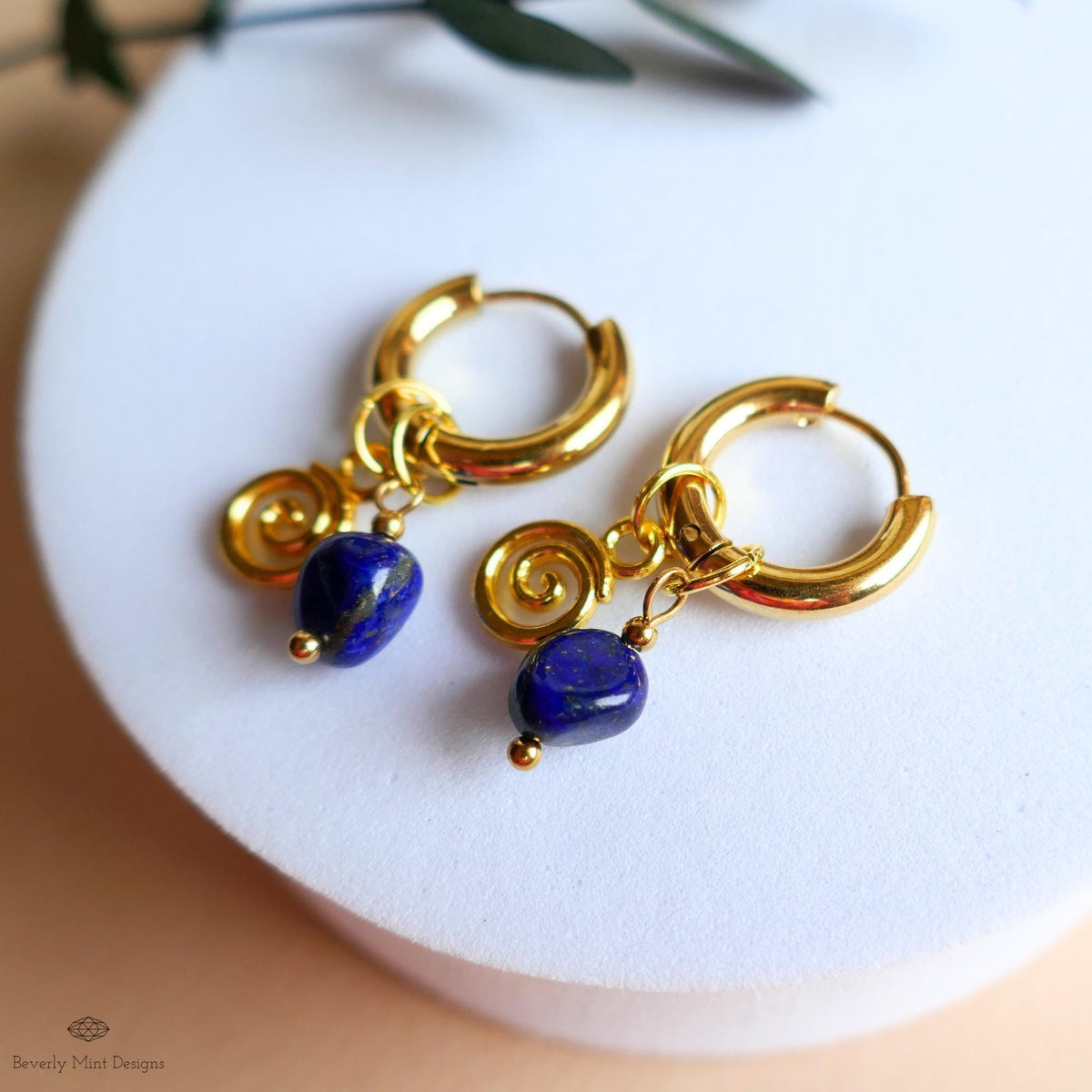 Lapis Lazuli Earrings, Gold Spiral Hoop Earrings, Dainty Gemstone Hoops, Symbolic Jewelry for Her, Celestial Boho Earrings, Unique Gift Idea
