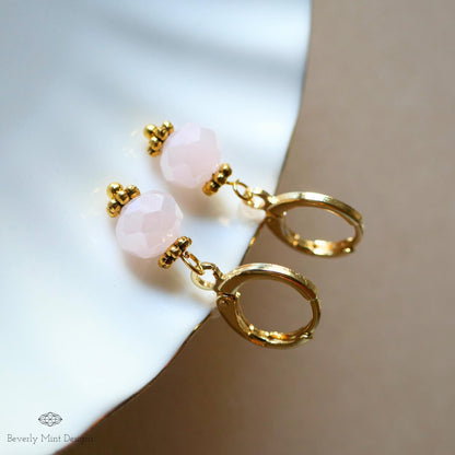 Gold Hoop Earrings with Soft Pink Beads ,Handmade Dangle Earrings, Light Pink Elegant Jewelry for Women, Sensitive Ear & Clip-On Options