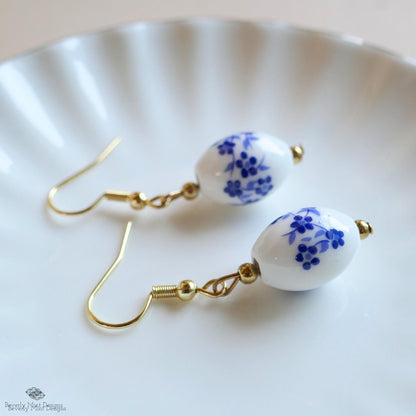 [Etsy 4342062699 image 5/7 id 7748728972] Blue and White Ceramic Drop Earrings, Floral Bead Earrings, Gold Dangle Earrings, Chinoiserie Style Jewelry