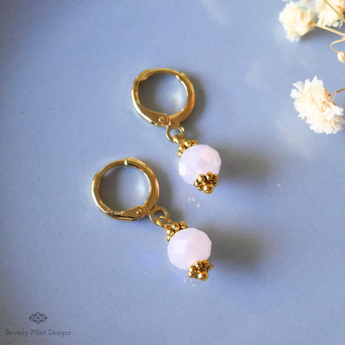 Gold Hoop Earrings with Soft Pink Beads ,Handmade Dangle Earrings, Light Pink Elegant Jewelry for Women, Sensitive Ear & Clip-On Options
