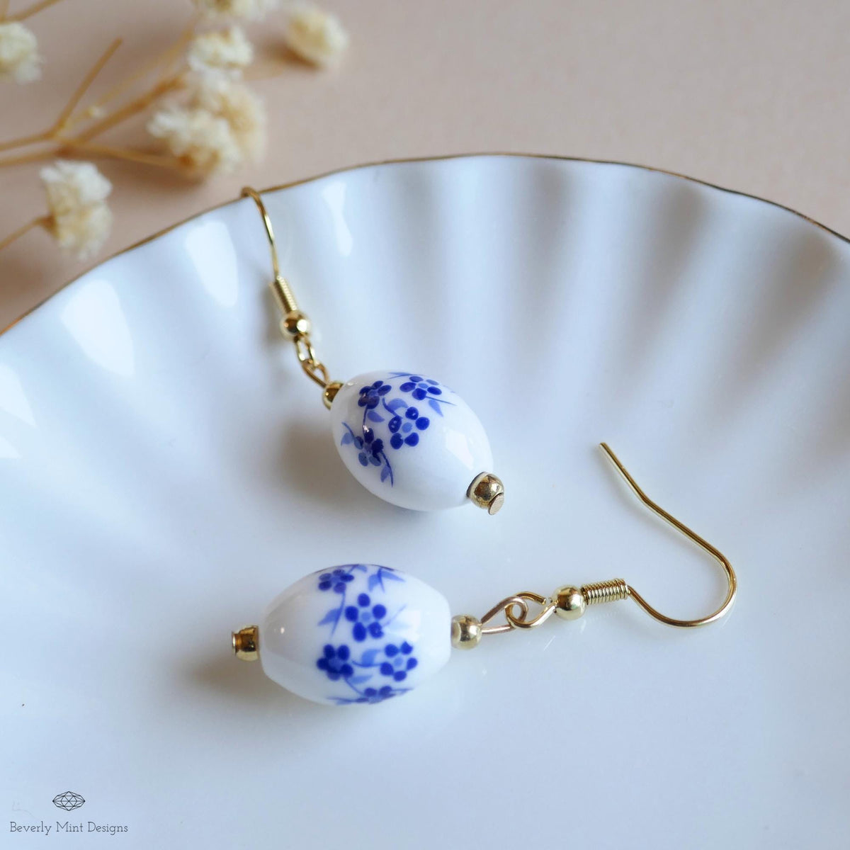 [Etsy 4342062699 image 6/7 id 7748729054] Blue and White Ceramic Drop Earrings, Floral Bead Earrings, Gold Dangle Earrings, Chinoiserie Style Jewelry