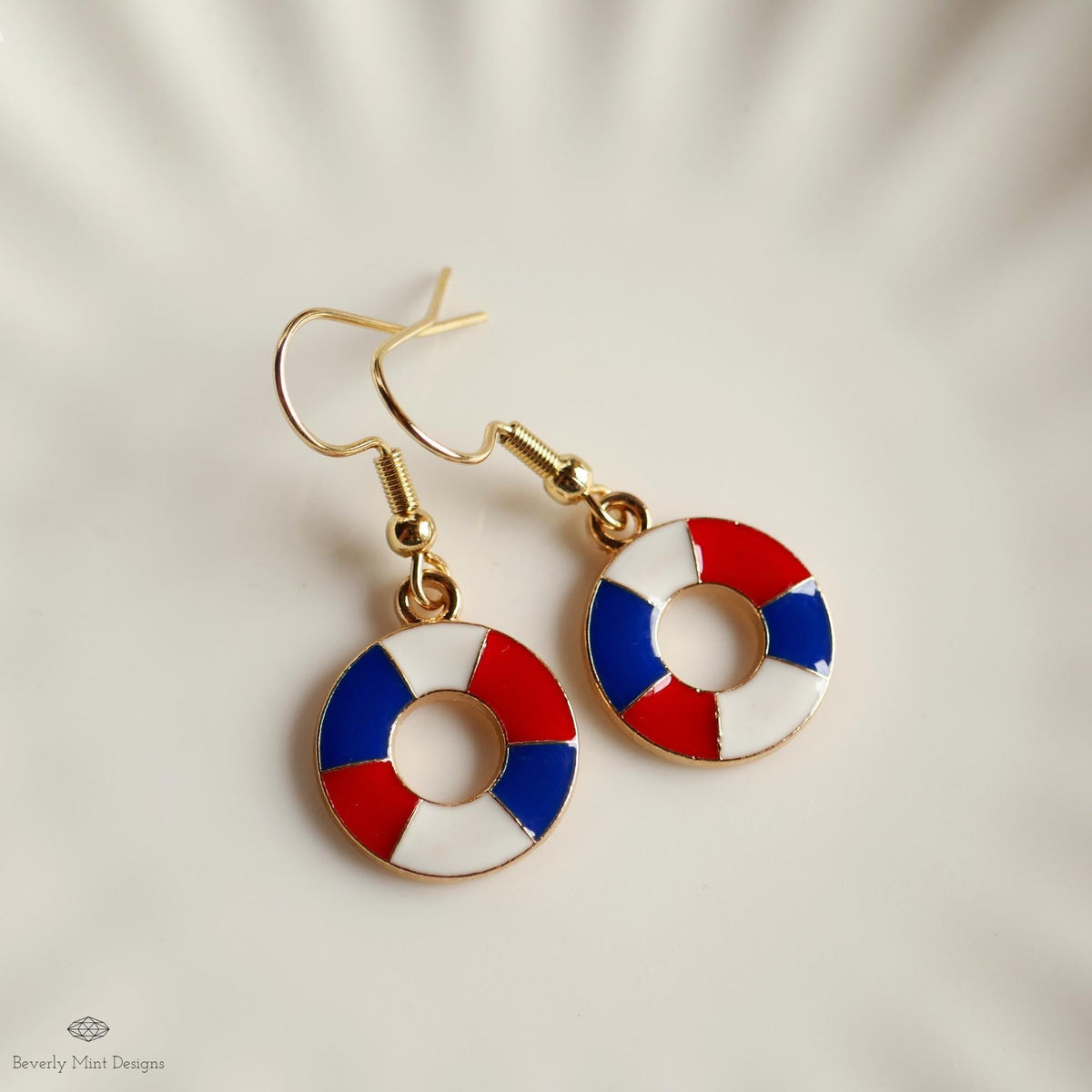 Nautical Patriotic Earrings , Red White Blue Lifesaver Dangle Jewelry, USA 4th of July Summer Earrings, Sensitive Ear & Clip-On Options