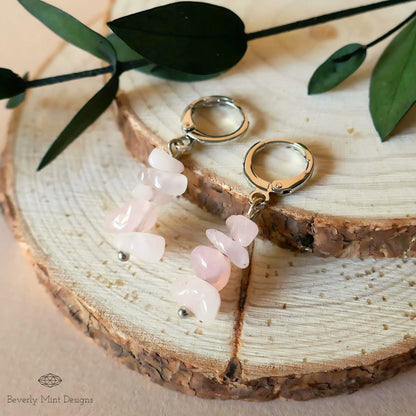 Pink Quartz Dangle Earrings, Soft Pink Earrings Boho Jewelry, Chakras Stones, Sensitive Ear & Clip-On Options