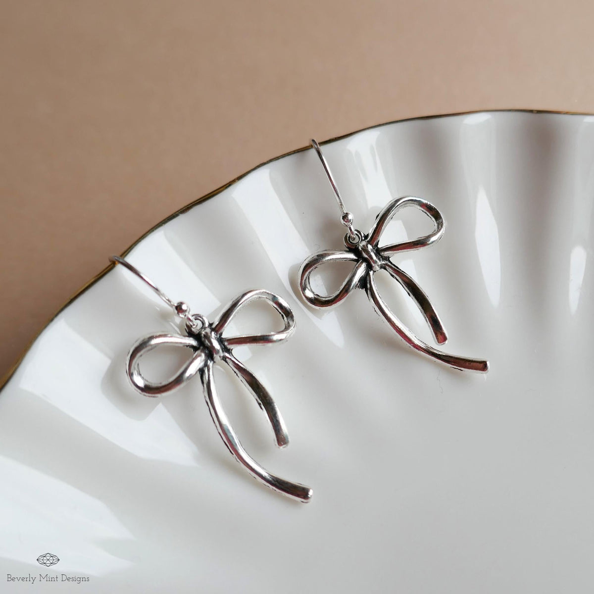 Silver Bow Drop Earrings, Dainty Ribbon Charm, Surgical Steel Hooks, Feminine Minimalist Jewelry, Sensitive Ear & Clip-On Options