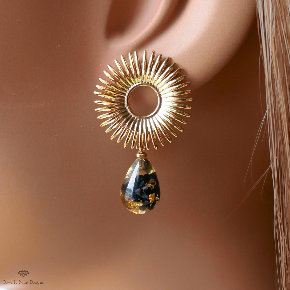 Gold Sunburst Resin Drop Earrings with Flowers and Gold Flakes, Statement Earrings, Boho Jewelry,