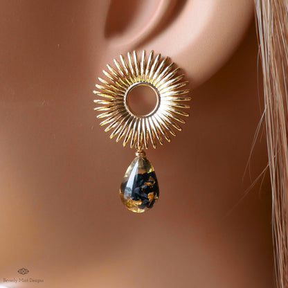 Gold Sunburst Resin Drop Earrings with Flowers and Gold Flakes, Statement Earrings, Boho Jewelry,