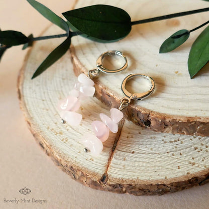 Pink Quartz Dangle Earrings, Soft Pink Earrings Boho Jewelry, Chakras Stones, Sensitive Ear & Clip-On Options