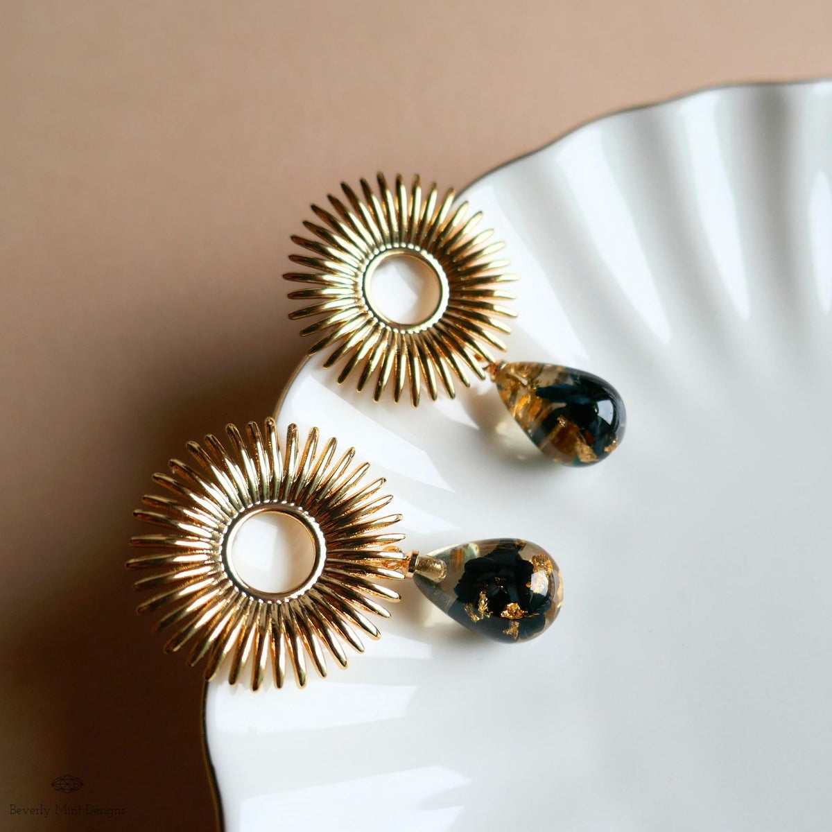 Gold Sunburst Resin Drop Earrings with Flowers and Gold Flakes, Statement Earrings, Boho Jewelry,
