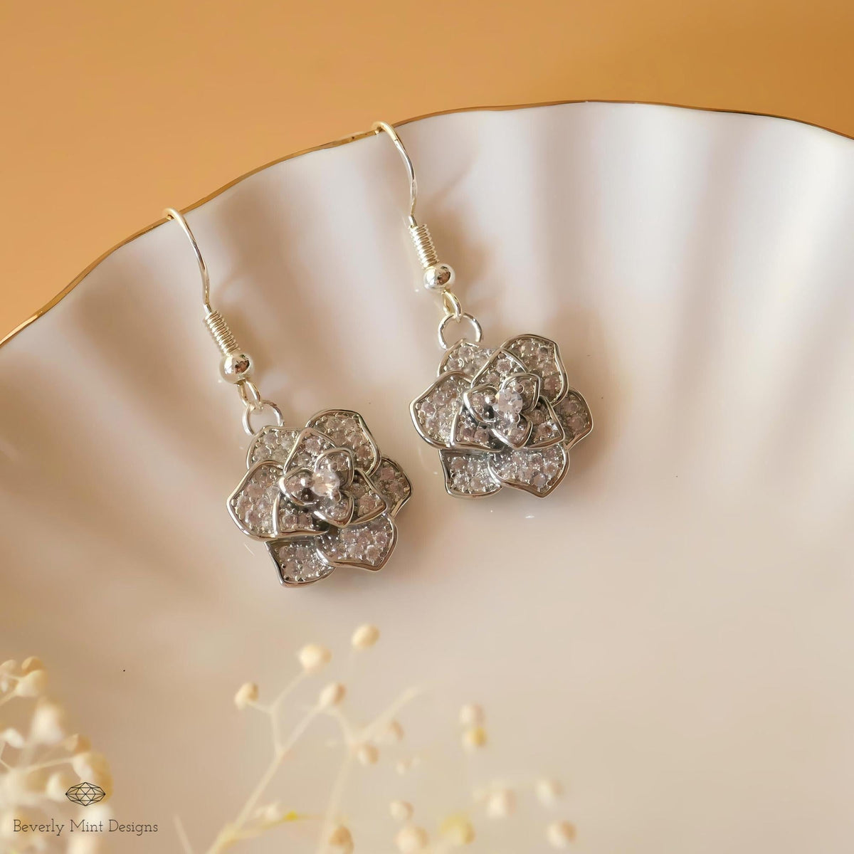 Rose Earring Silver Dangle Earring, Sparkling Crystal Flower Drop Earrings, Sensitive Ear & Clip-On Options