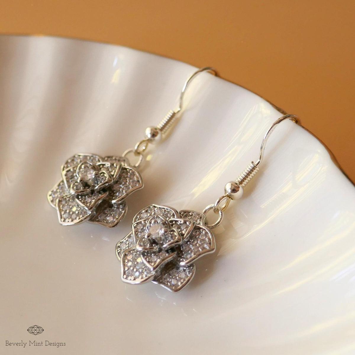 Rose Earring Silver Dangle Earring, Sparkling Crystal Flower Drop Earrings, Sensitive Ear & Clip-On Options