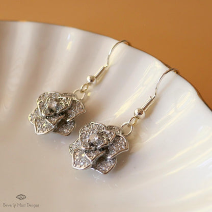 Rose Earring Silver Dangle Earring, Sparkling Crystal Flower Drop Earrings, Sensitive Ear & Clip-On Options