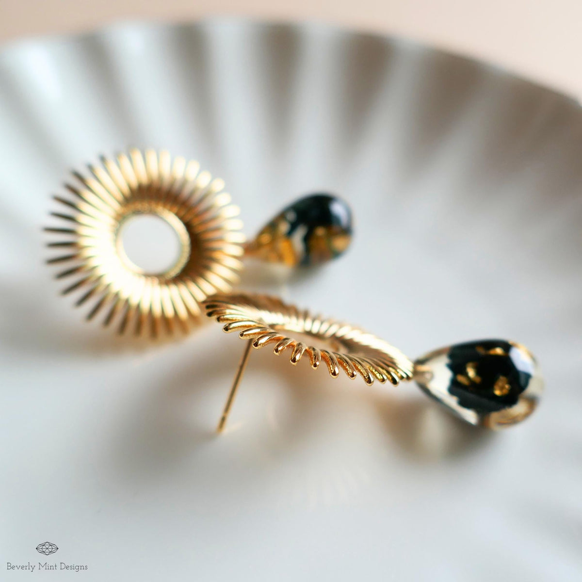 Gold Sunburst Resin Drop Earrings with Flowers and Gold Flakes, Statement Earrings, Boho Jewelry,
