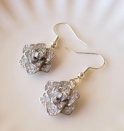 Rose Earring Silver Dangle Earring, Sparkling Crystal Flower Drop Earrings, Sensitive Ear & Clip-On Options