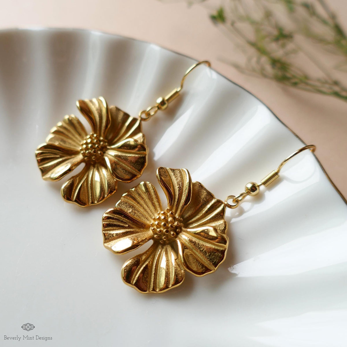 Gold Flower Statement Earrings, Elegant Weighty Floral Earrings, Bold Dangle Earrings with Heft, Sensitive Ear & Clip-On Options