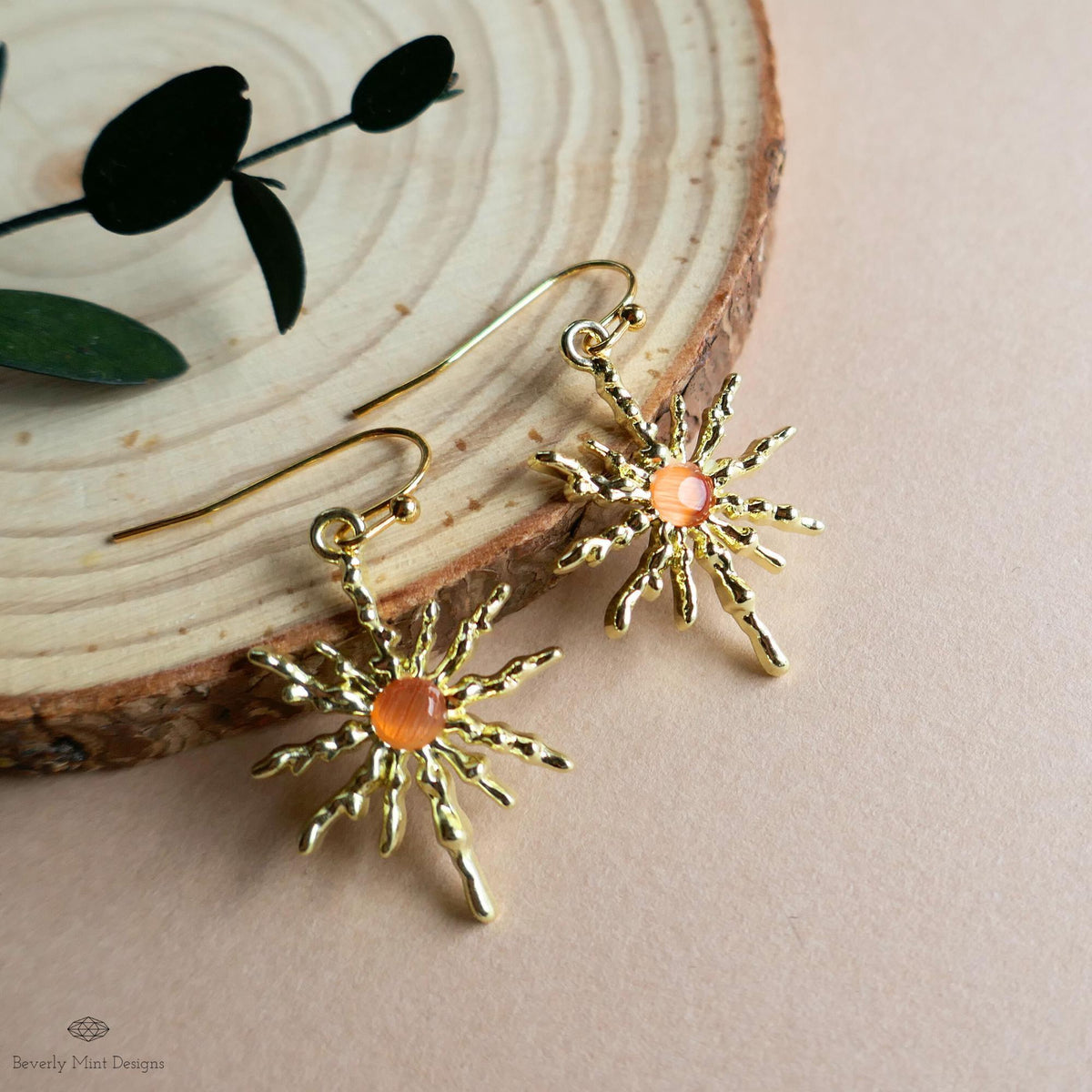 Sun Earrings, Gold Sunburst Earrings with Orange Stone, Celestial Boho Jewelry, Dangle Earrings for Women, Sensitive Ear & Clip-On Options