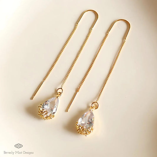 18K Gold Plated Teardrop Crystal Threader Earrings, Minimalist Floral Wedding Jewelry, Sensitive Ear & Clip-On Options