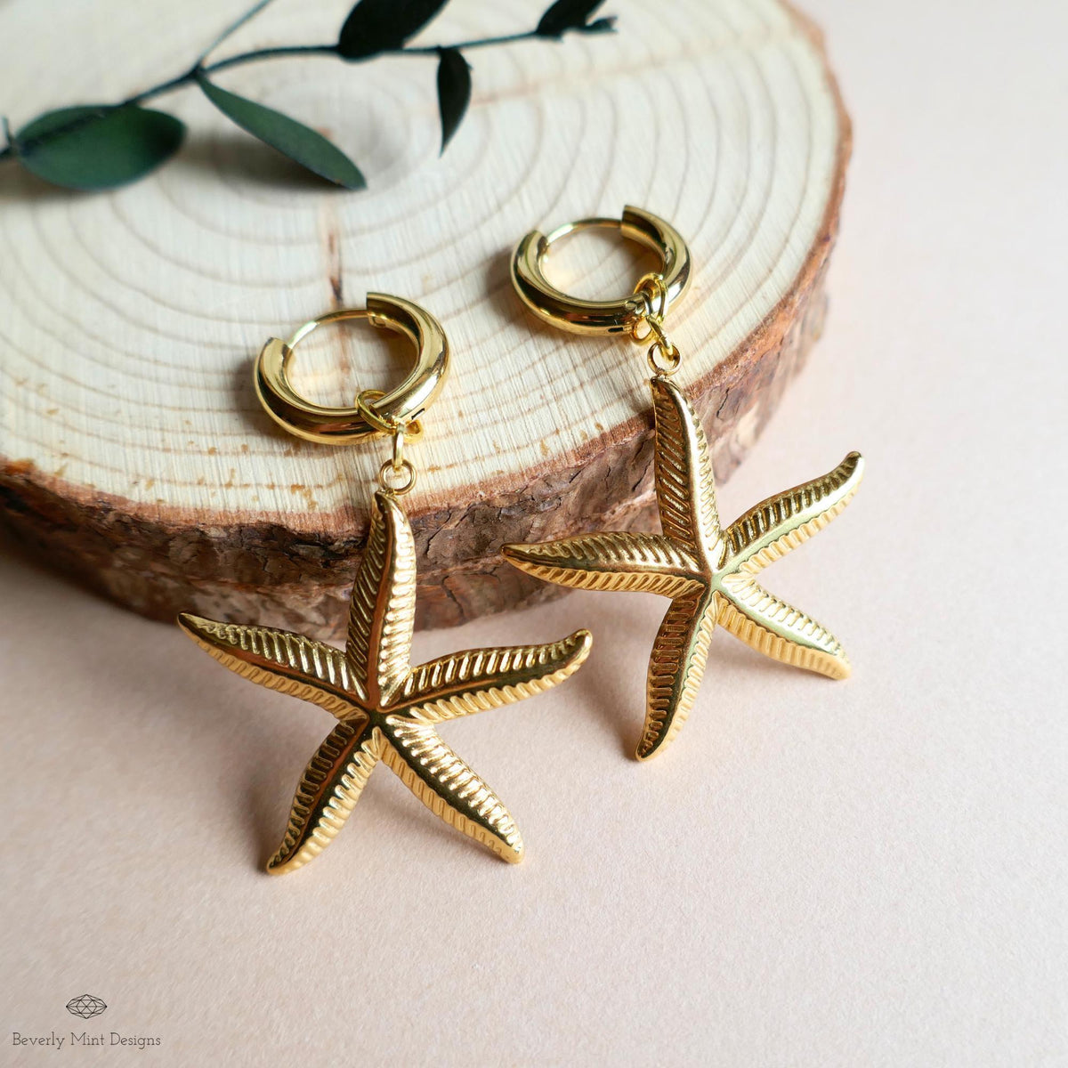 Gold Starfish Earrings with Huggie Hoop, Beach Inspired Dangle Earrings Light Weight, Tropical Ocean Jewelry