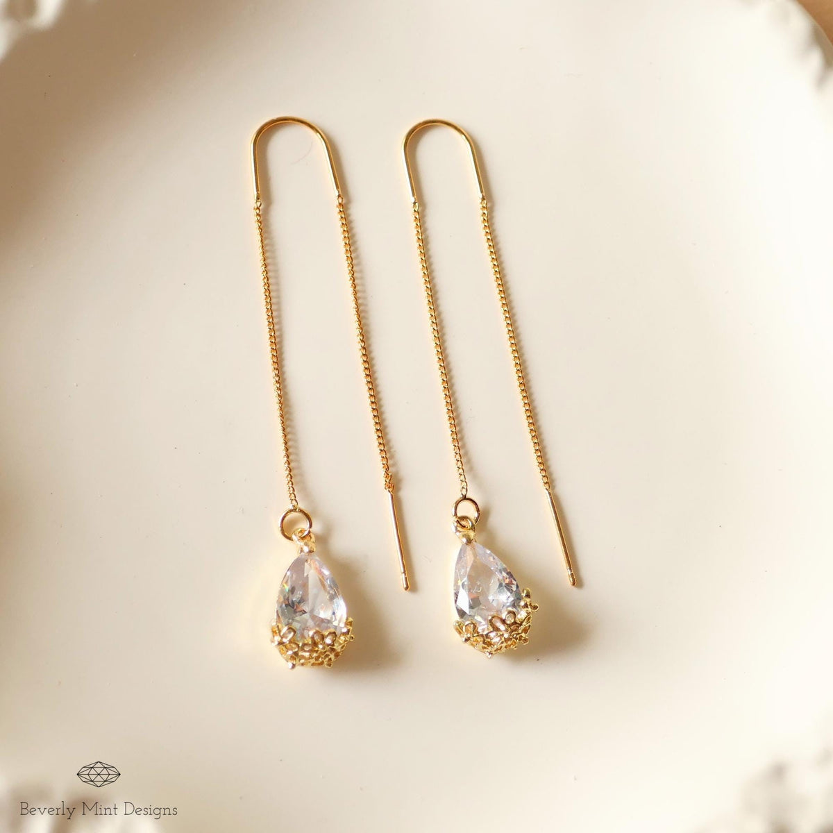 18K Gold Plated Teardrop Crystal Threader Earrings, Minimalist Floral Wedding Jewelry, Sensitive Ear & Clip-On Options