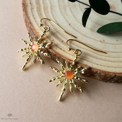 Sun Earrings, Gold Sunburst Earrings with Orange Stone, Celestial Boho Jewelry, Dangle Earrings for Women, Sensitive Ear & Clip-On Options