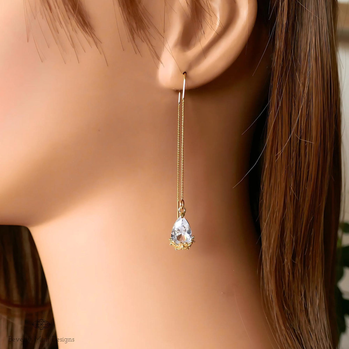 18K Gold Plated Teardrop Crystal Threader Earrings, Minimalist Floral Wedding Jewelry, Sensitive Ear & Clip-On Options