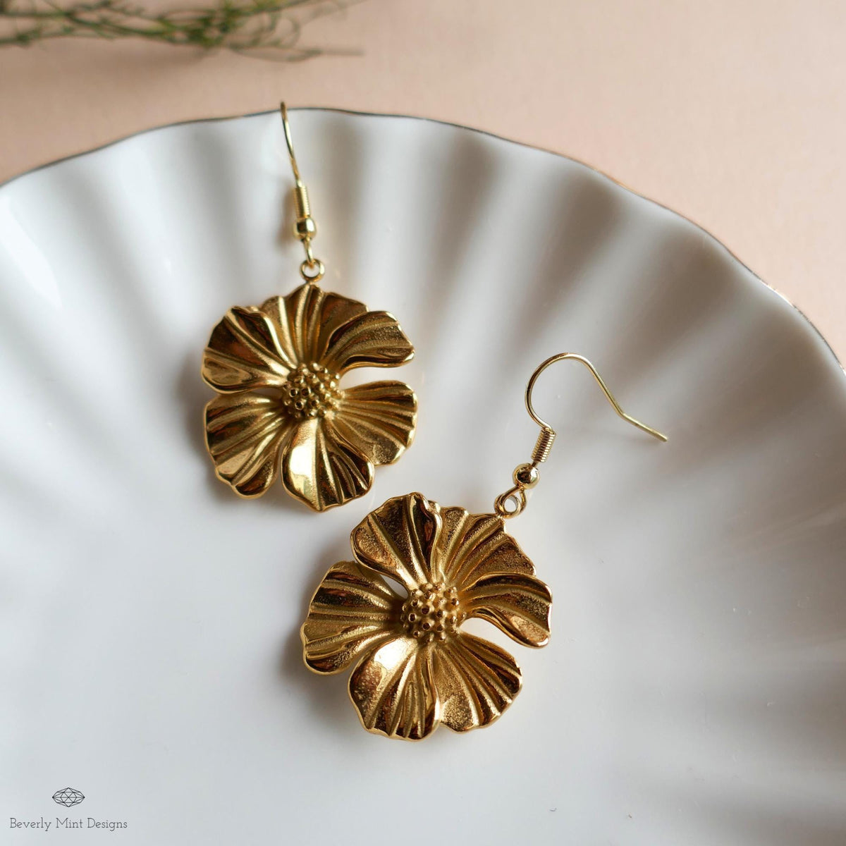 Gold Flower Statement Earrings, Elegant Weighty Floral Earrings, Bold Dangle Earrings with Heft, Sensitive Ear & Clip-On Options