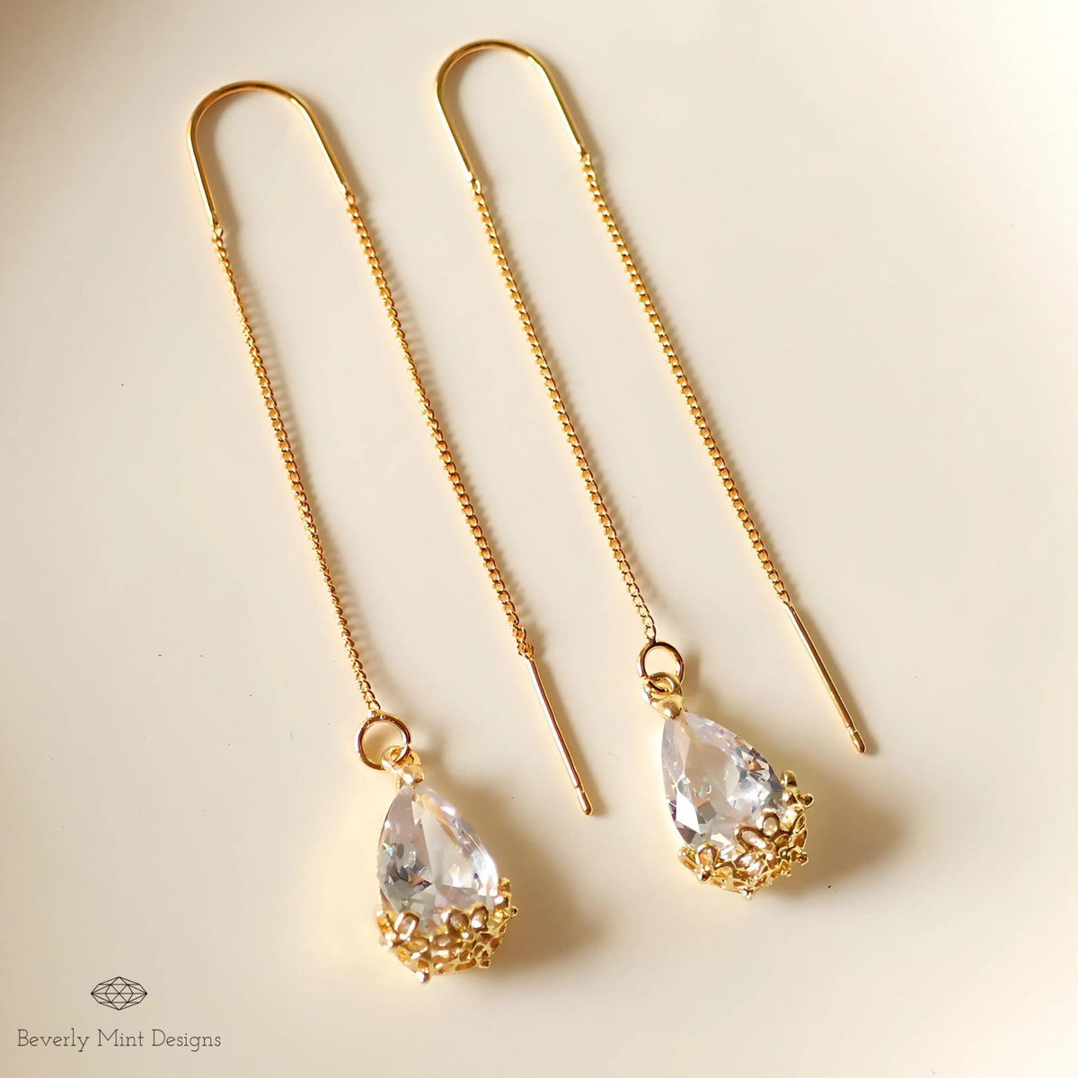 18K Gold Plated Teardrop Crystal Threader Earrings, Minimalist Floral Wedding Jewelry, Sensitive Ear & Clip-On Options