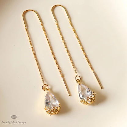 18K Gold Plated Teardrop Crystal Threader Earrings, Minimalist Floral Wedding Jewelry, Sensitive Ear & Clip-On Options