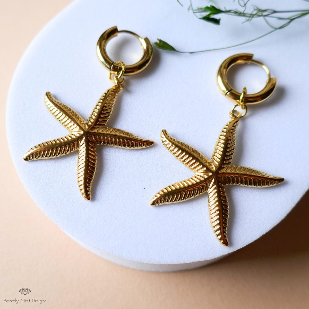 Gold Starfish Earrings with Huggie Hoop, Beach Inspired Dangle Earrings Light Weight, Tropical Ocean Jewelry