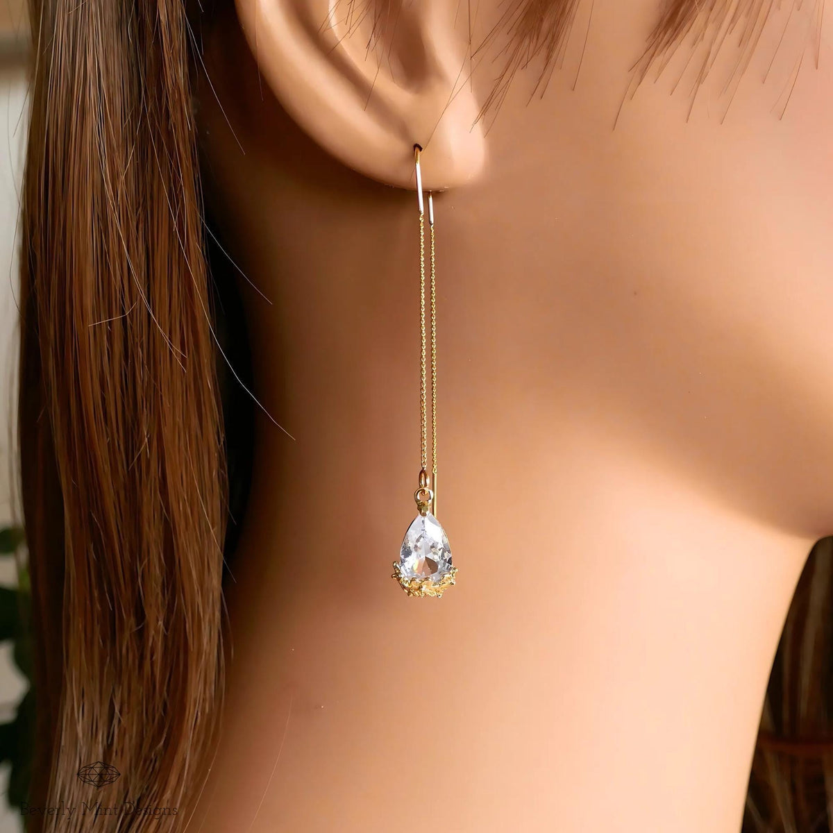 18K Gold Plated Teardrop Crystal Threader Earrings, Minimalist Floral Wedding Jewelry, Sensitive Ear & Clip-On Options