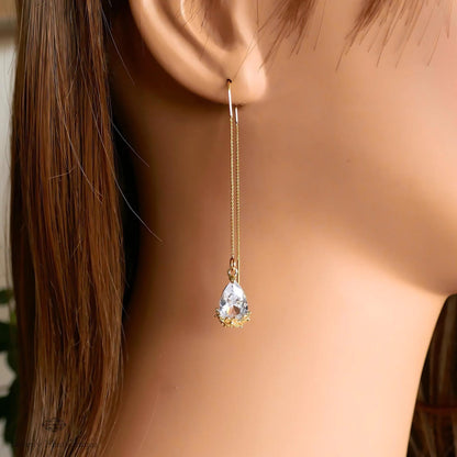 18K Gold Plated Teardrop Crystal Threader Earrings, Minimalist Floral Wedding Jewelry, Sensitive Ear & Clip-On Options